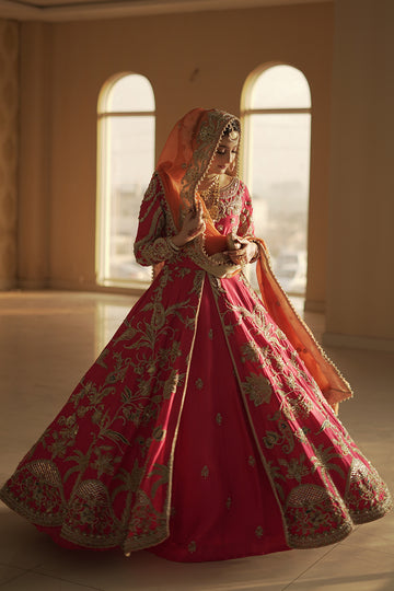 Pakistani Red Dulhan Lehenga Gown Bridal Attire for Barat – Nameera by  Farooq